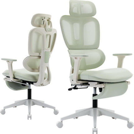 Ergonomic Office Chair with Footrest, High-back Computer Chair with Dynamic Lumbar Support, 2D Headrest & 4D Armrests, Sponge Cushion & Mesh Back, Home Office Chair for Adults, Green.