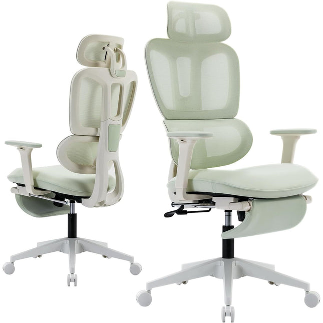 Ergonomic Office Chair with Footrest, High-back Computer Chair with Dynamic Lumbar Support, 2D Headrest & 4D Armrests, Sponge Cushion & Mesh Back, Home Office Chair for Adults, Green.