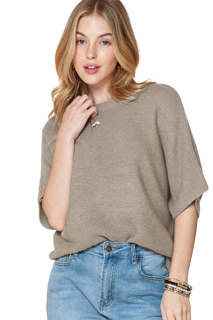 Coffee Mock Neck Short Batwing Sleeve Sweater - Eloy Royal