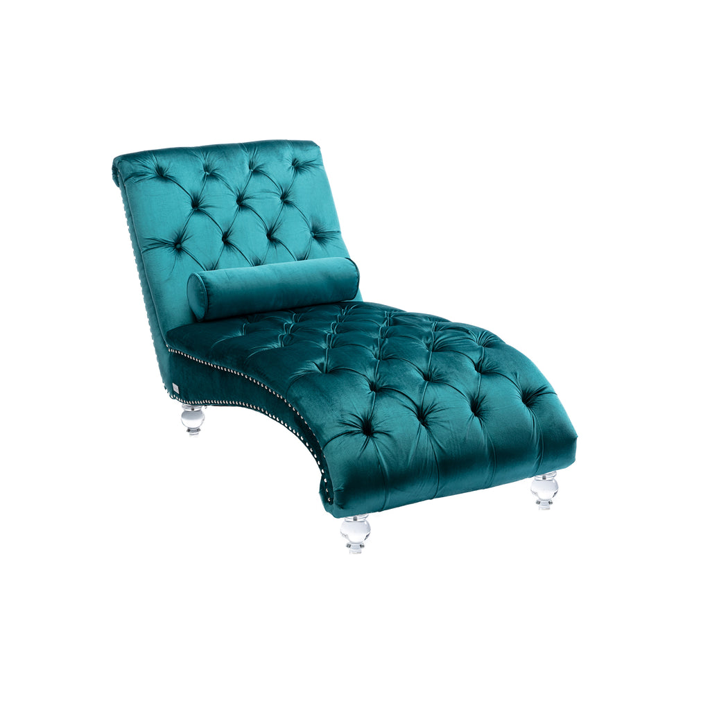 Velvet Chaise Lounge Indoor, Button-Tufted Upholstered Chaise Lounge Chair with Pillow, Teal Velvet, 63.38 inch