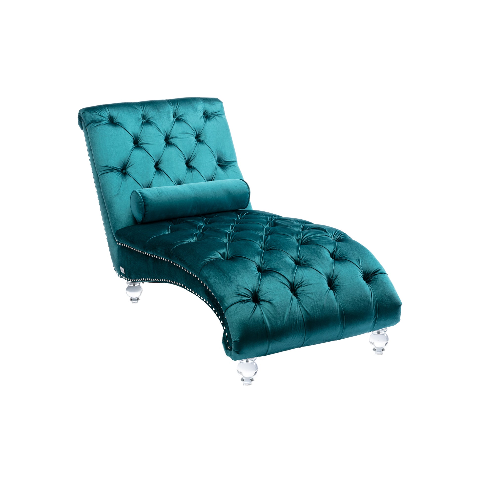 Velvet Chaise Lounge Indoor, Button-Tufted Upholstered Chaise Lounge Chair with Pillow, Teal Velvet, 63.38 inch