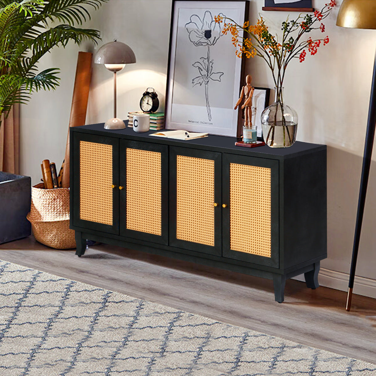 Kristoff Rattan Four-Door Sideboard, Dark Grey, 60 in