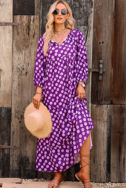 Purple Boho Printed V Neck Puff Sleeve Maxi Dress - Eloy Royal