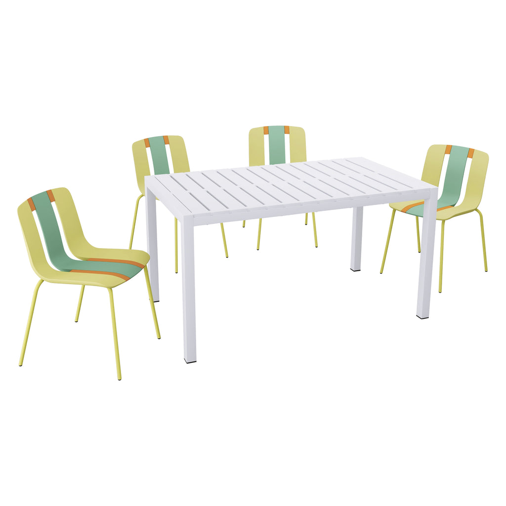 Four-Piece Set of Modern Striped Color-Blocking Single Chairs with 55-Inch White Long Table,Green,Yellow,Orange/White,20.47*18.9*31.5 (in)/ 55.12*31.5*29.53 (in),PP,Metal
