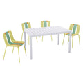 Four-Piece Set of Modern Striped Color-Blocking Single Chairs with 55-Inch White Long Table,Green,Yellow,Orange/White,20.47*18.9*31.5 (in)/ 55.12*31.5*29.53 (in),PP,Metal