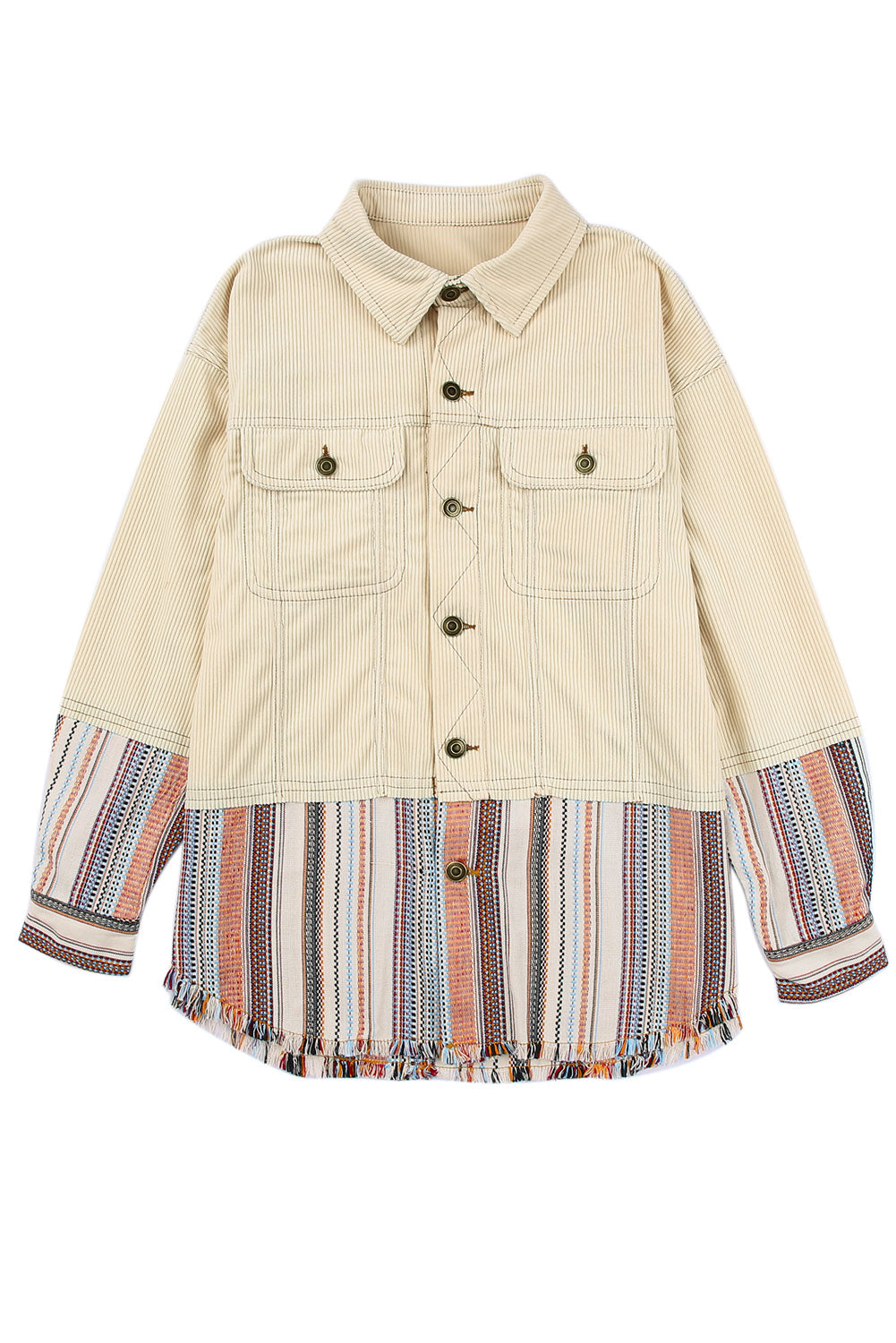 Wholesale Beige Button Up Pockets Striped Color Block Corduroy Jacket - Eloy Royal