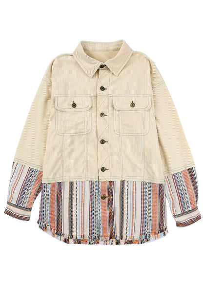 Wholesale Beige Button Up Pockets Striped Color Block Corduroy Jacket - Eloy Royal