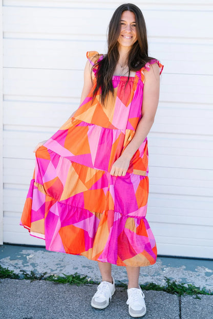 Multicolour Boho Geometric Ruffle Strap Tiered Midi Dress - Eloy Royal