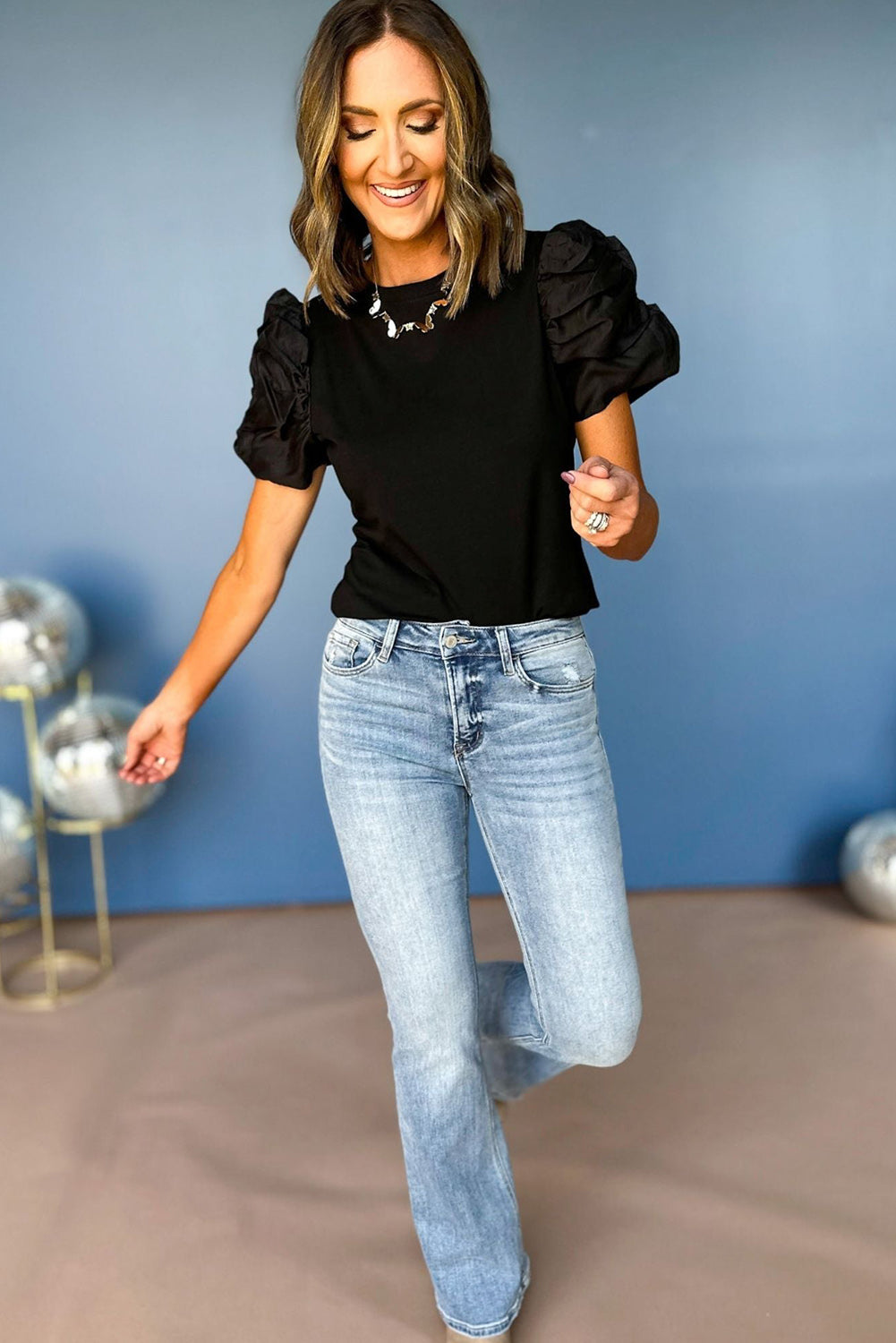 Black Ruched Puff Sleeve Solid Color Blouse - Eloy Royal