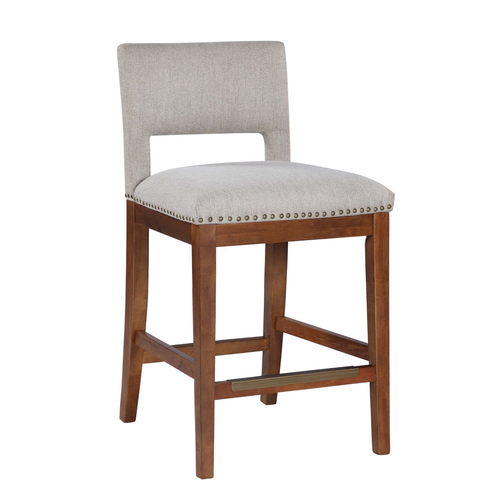 Brown and Light Gray Upholstered Bar Stool with Wooden Legs and Metal Stud Trim, 1 PC