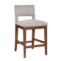 Brown and Light Gray Upholstered Bar Stool with Wooden Legs and Metal Stud Trim, 1 PC