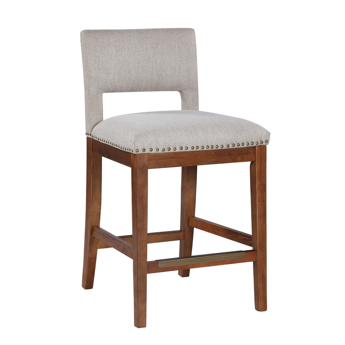 Brown and Light Gray Upholstered Bar Stool with Wooden Legs and Metal Stud Trim, 1 PC