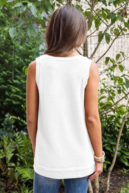 White Scoop Neck Waffle Knit Splicing Flowy Vest - Eloy Royal