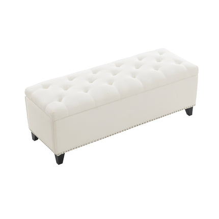 Beige Linen Button-Tufted Storage Ottoman with Safety Close Hinge