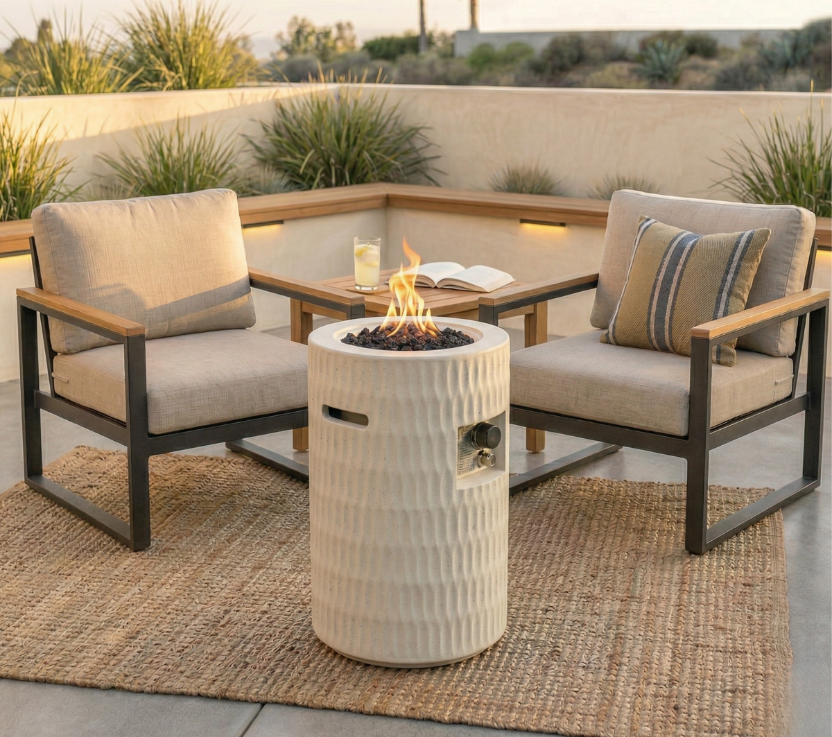 26' Propane Fire Pit, Outdoor Gas Patio Fire Pit 40,000 BTU, Cylindrical Concrete Fire Pit with Hidden 20lb Tank Storage, Modern Textured Fire Column, Includes Lava Rocks & Waterproof Cover -Beige