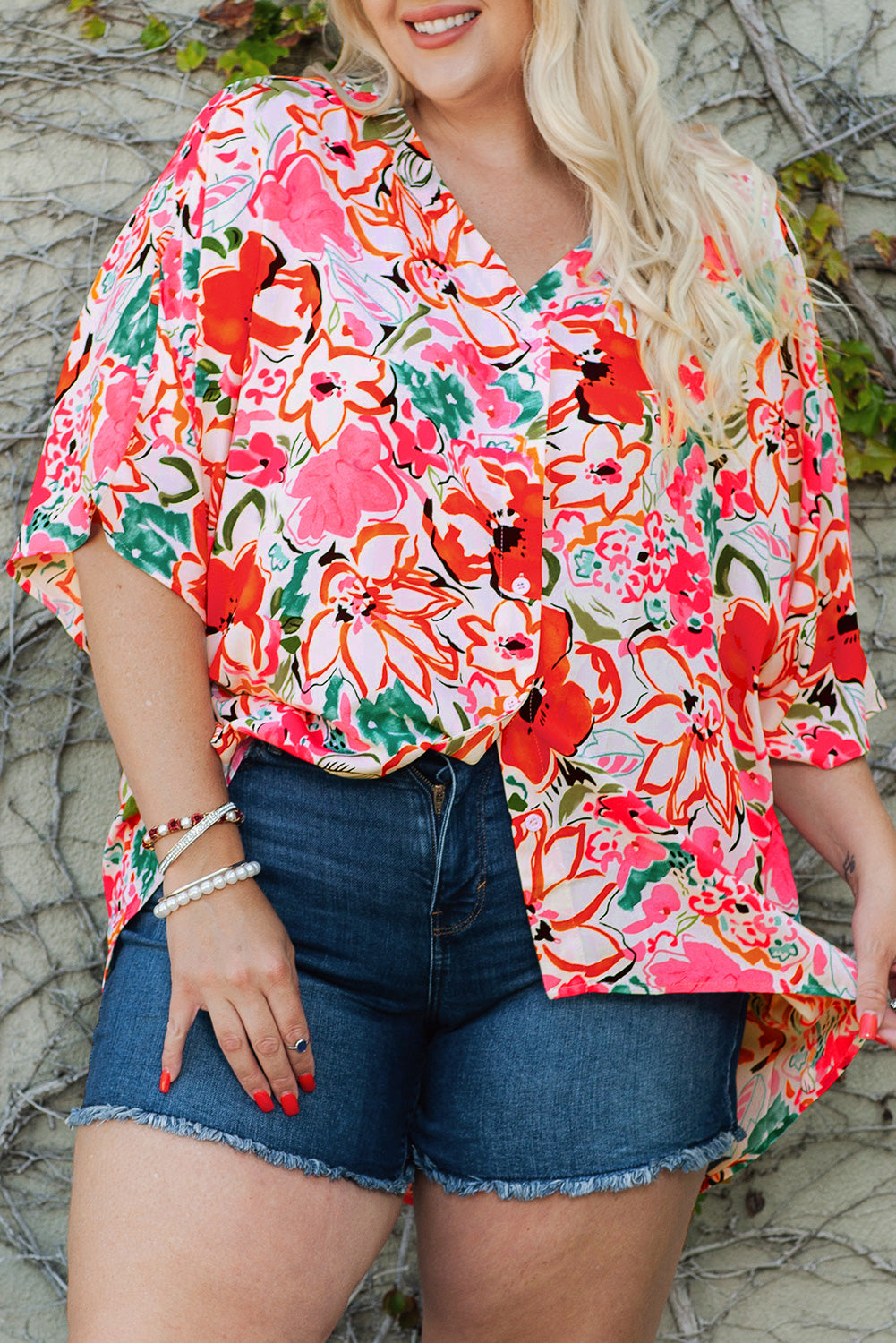 Rose Plus Size Floral Print Boho Kimono Sleeve Shirt - Eloy Royal