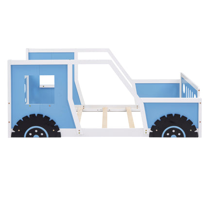 Blue Twin Size Classic Car-Shaped Platform Bed with Wheels with Pine Wood