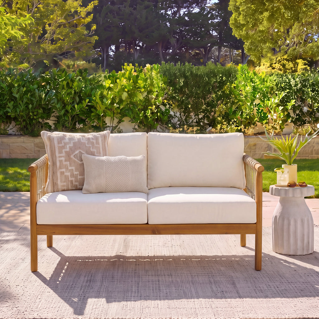 Teak Finish Acacia Wood Beige Rope, Oversized Outdoor Lounge Loveseat for Patio, Backyard with Cream Cushions