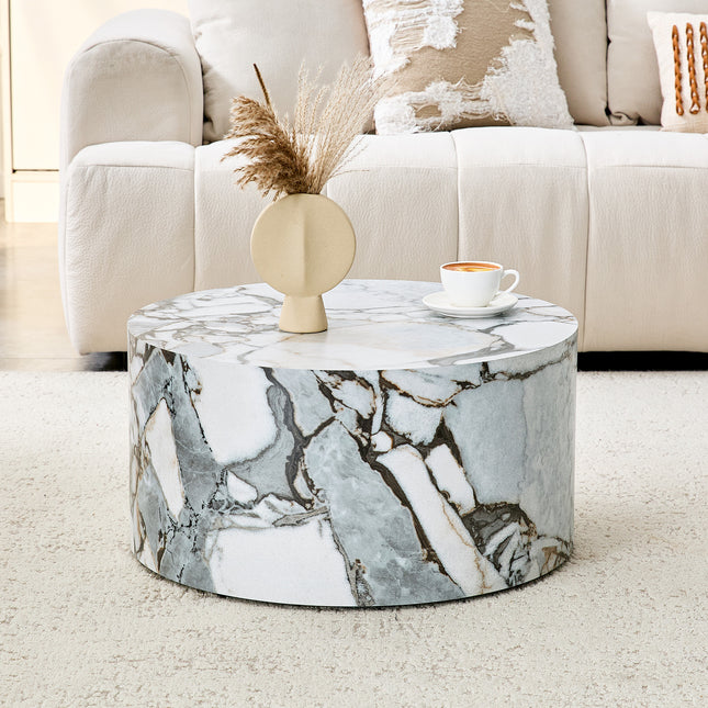 A simple white marble textured cylindrical coffee table, 23.6 inches in diameter x 11.8 inches in height, MDF material living room furniture. Suitable for industrial style or minimalist living rooms.