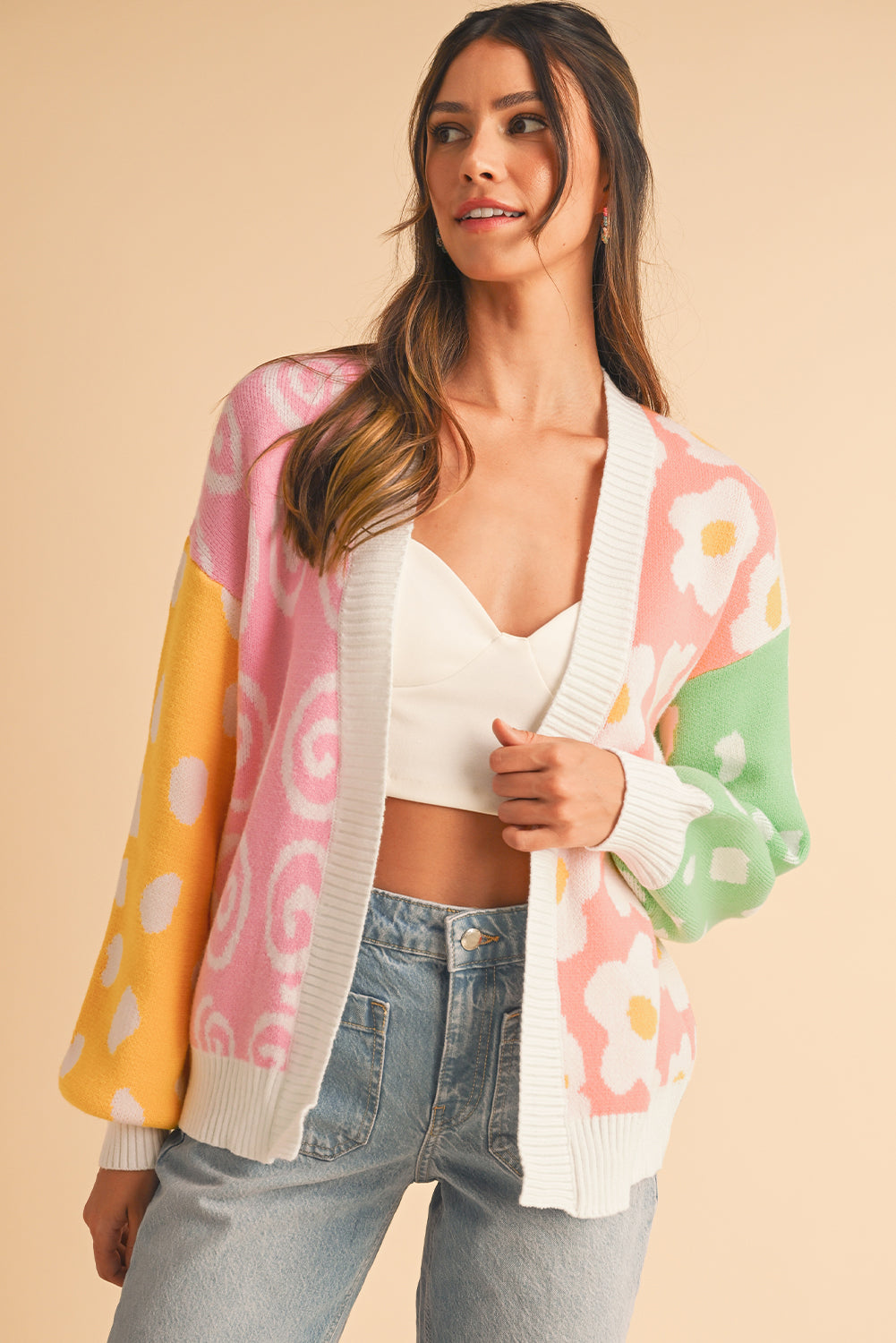 Orange Flower & Dotted Print Colorblock Open Front Cardigan