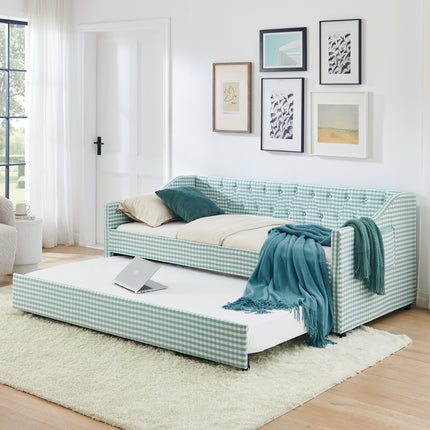 Twin‑Size Daybed,Upholstered Convertible Daybed with Tufted Button Backrest, 3‑in‑1 Versatile Sofa Bed with Pull‑Out Trundle & Side Storage, Perfect for Compact Living-CYAN