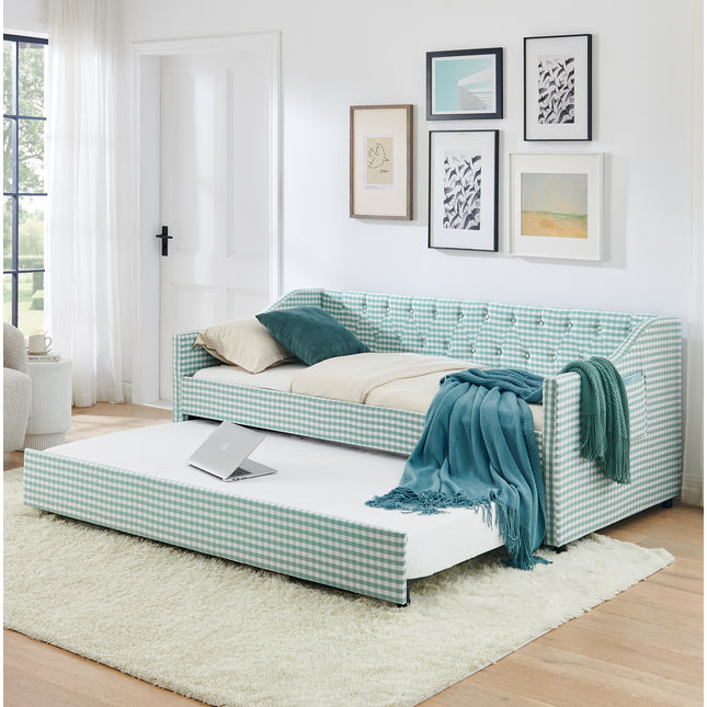 Twin‑Size Daybed,Upholstered Convertible Daybed with Tufted Button Backrest, 3‑in‑1 Versatile Sofa Bed with Pull‑Out Trundle & Side Storage, Perfect for Compact Living-CYAN