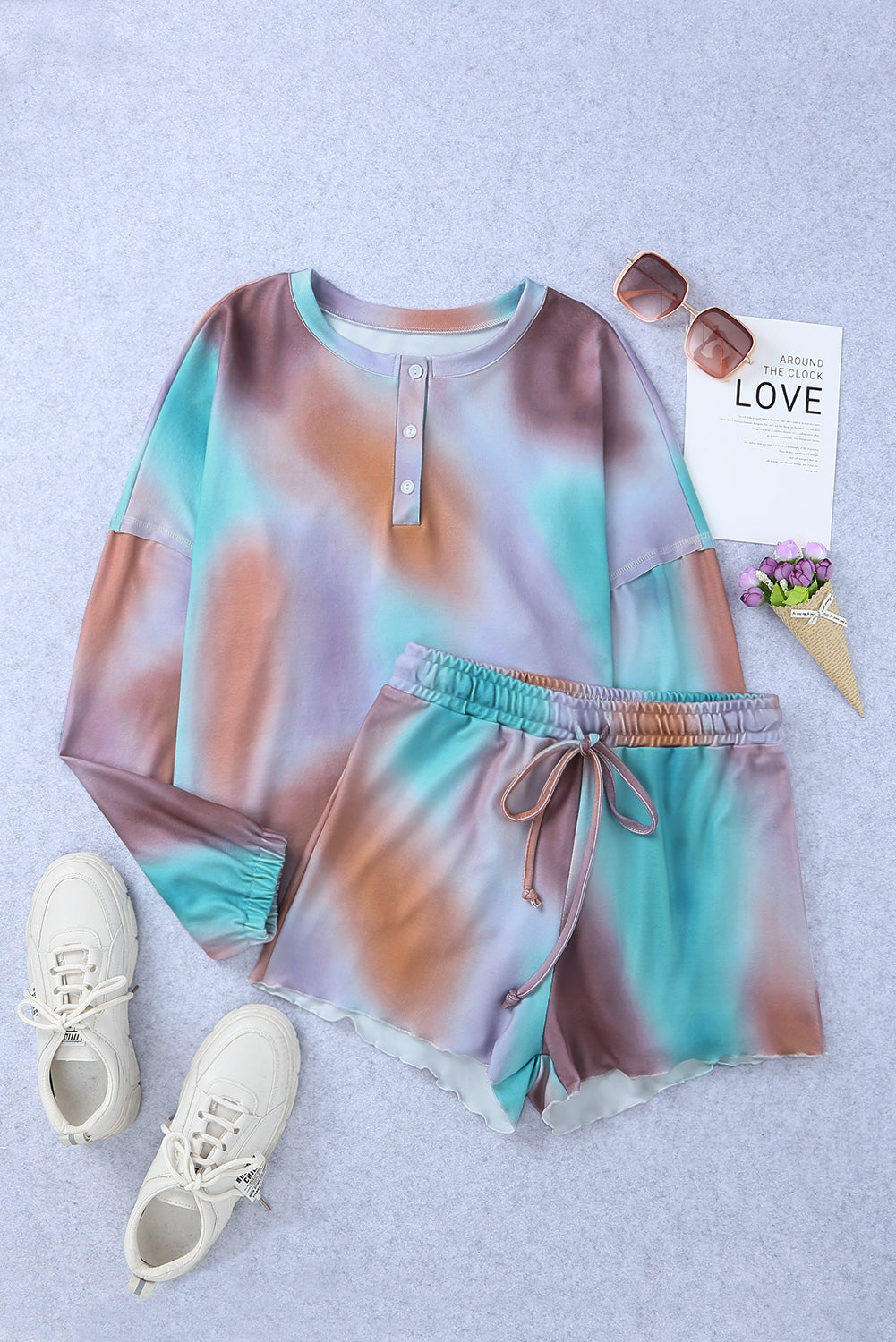 Wholesale Multicolor Tie Dye Top & Drawstring Shorts Loungewear Set - Eloy Royal