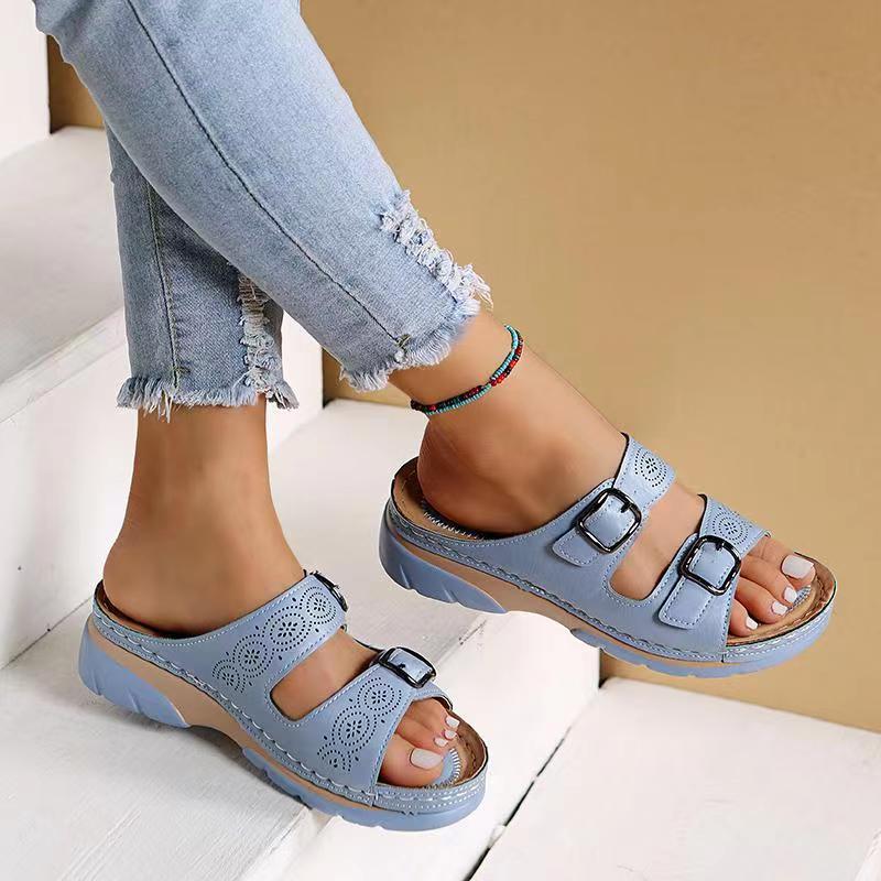 Double Buckle Slippers Women Flat Sandals Summer - Eloy Royal