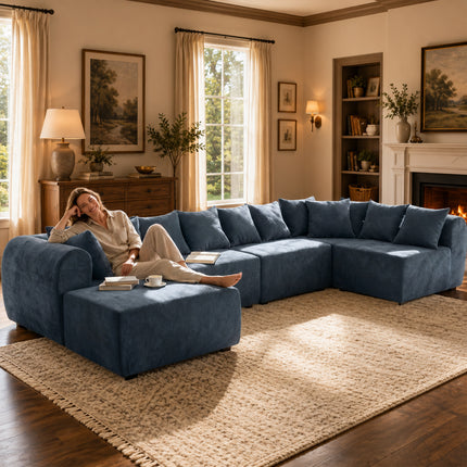 Modern Modular Sectional Sofa, 8-Seater U-Shaped Couch with Ottoman, 1500 lbs Capacity, Blue Boucle Fabric, Convertible Configuration for Living Room, Apartment