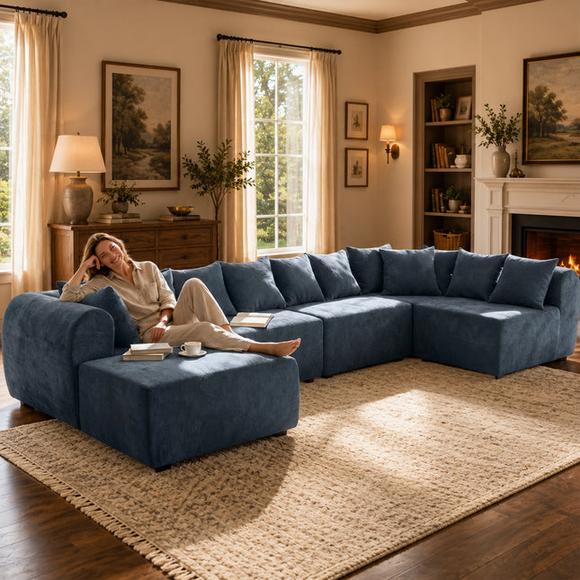 Modern Modular Sectional Sofa, 8-Seater U-Shaped Couch with Ottoman, 1500 lbs Capacity, Blue Boucle Fabric, Convertible Configuration for Living Room, Apartment