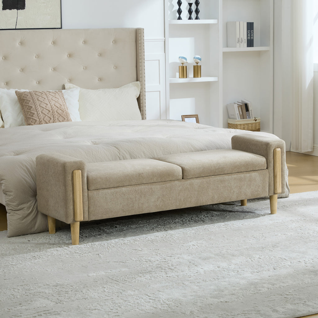 65.67' Wide Modern Upholstered  Storage Bench With Double Lids,  Chenille fabric Foot Stool With  Armrest, Bench Daybed With Rubberwood Legs For Living Room, Entryway, Dormitory, Bedroom,Greige