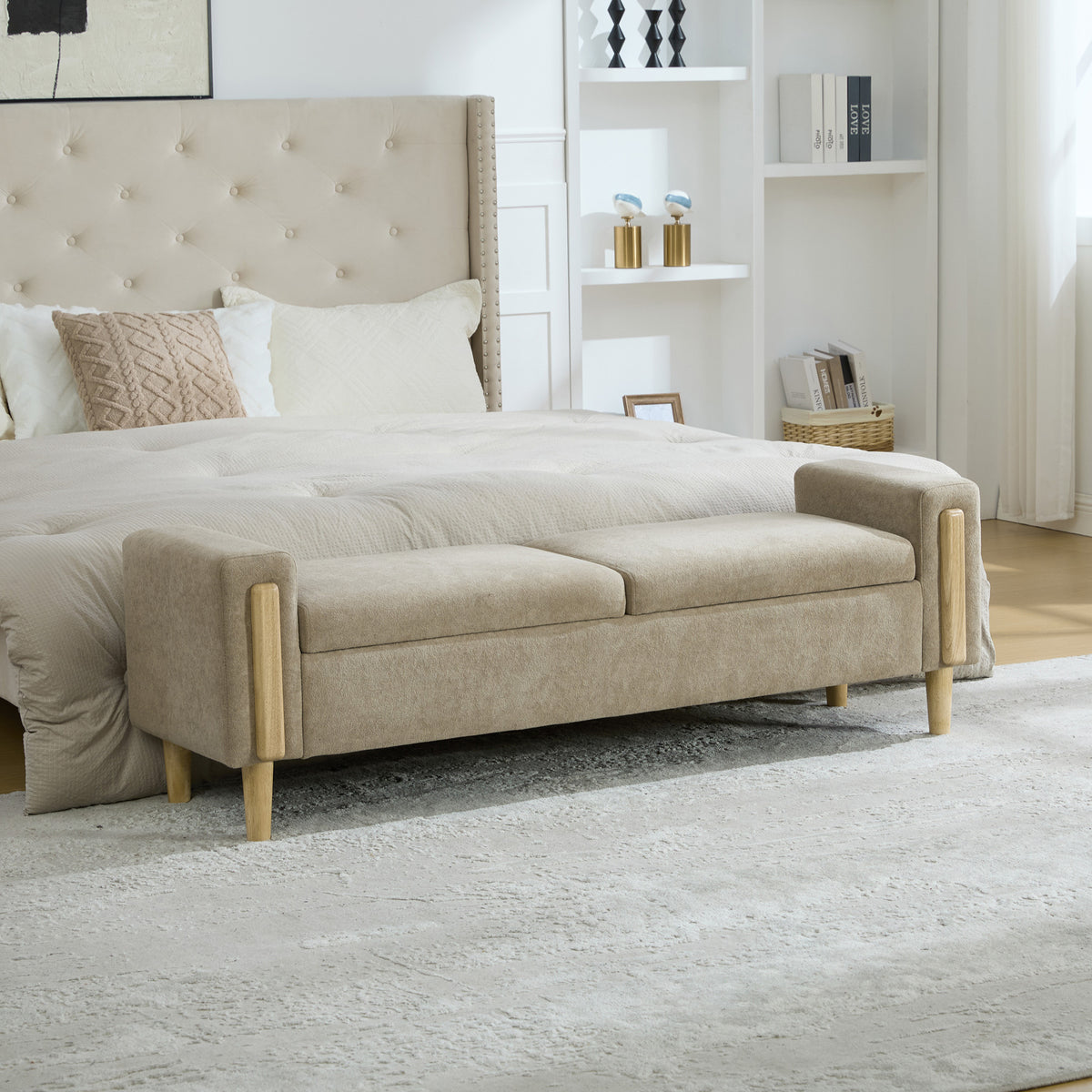 65.67' Wide Modern Upholstered  Storage Bench With Double Lids,  Chenille fabric Foot Stool With  Armrest, Bench Daybed With Rubberwood Legs For Living Room, Entryway, Dormitory, Bedroom,Greige