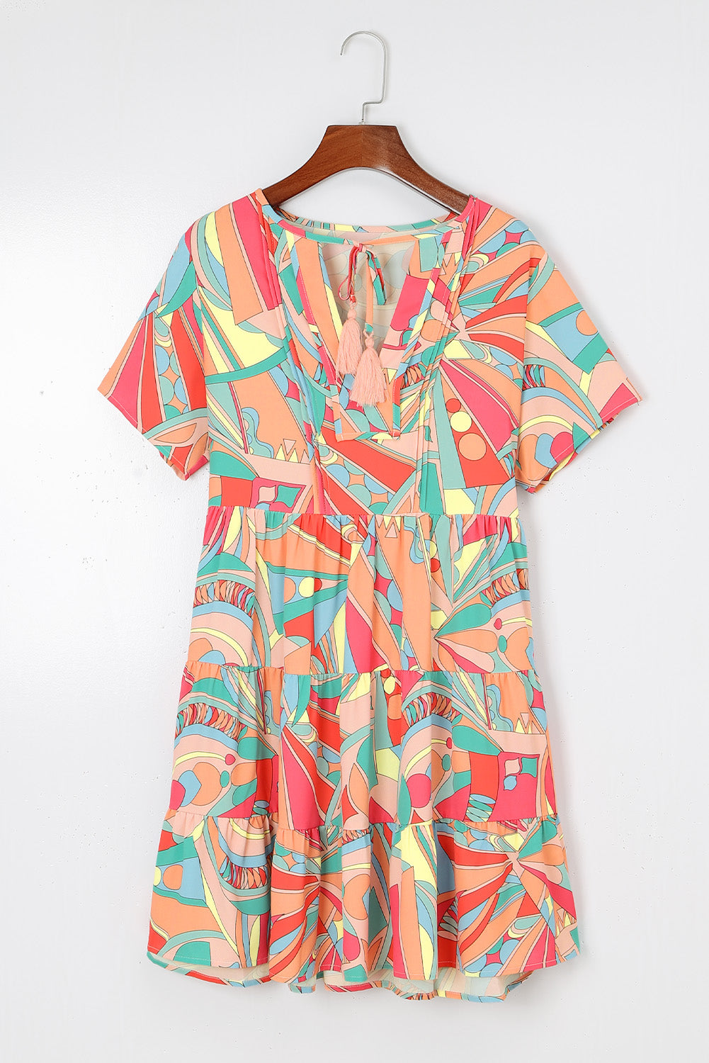 Multicolor Abstract Print Split V Neck Short Sleeve Tiered Dress - Eloy Royal