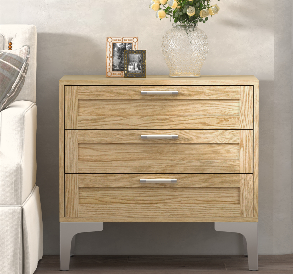 Night Stand 3 Drawer Nightstand Dressers for Bedroom Mid-Century Modern Couch Side End Table for Living Room Wood Bedside Table with Drawers&Polished Silver Legs,Light Walnut