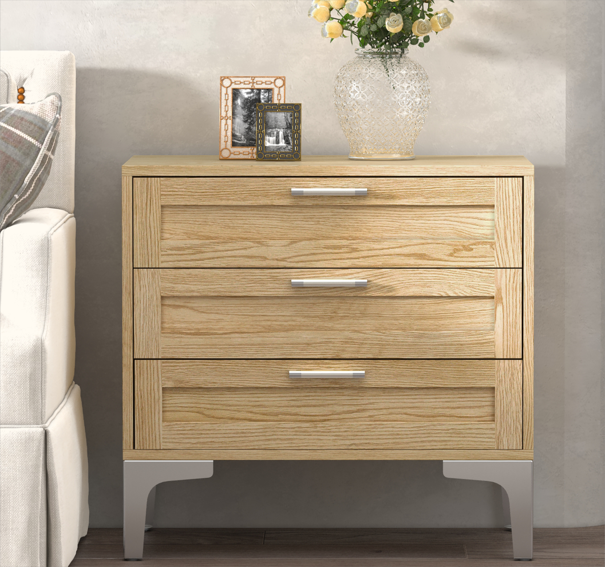 Night Stand 3 Drawer Nightstand Dressers for Bedroom Mid-Century Modern Couch Side End Table for Living Room Wood Bedside Table with Drawers&Polished Silver Legs,Light Walnut