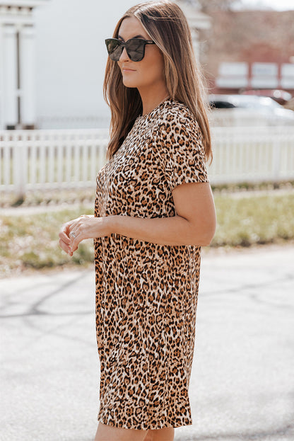 Casual Short Sleeve A-Line Crewneck Leopard Print Dress - Eloy Royal