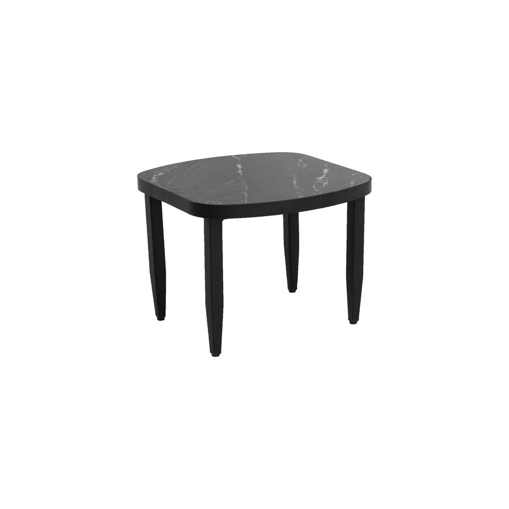 Modern Outdoor Elegance Arc 23.6'' Side Table with Black Marble-Inspired Sintered Stone Top, Aluminum Frame, Ember Black Finish, Post Tapered Legs & Rounded Corners, Weatherproof & Rust-Free