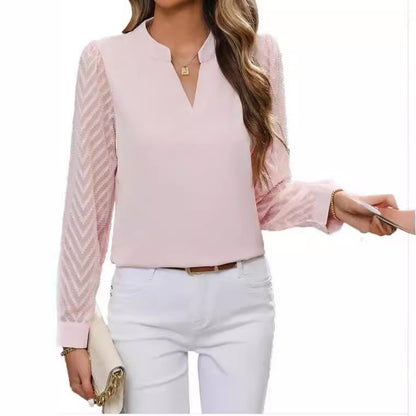 Chiffon Patchwork Long Sleeve Solid Color And V-neck Shirt