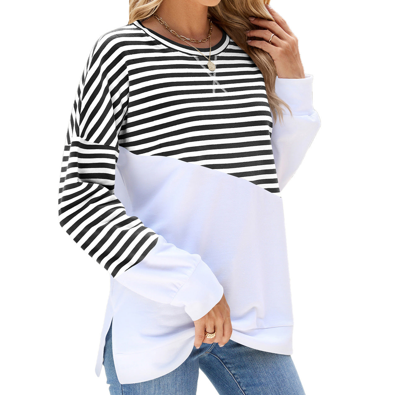 Striped Printed Long Sleeve T Shirt Fashion Casual Round Neck Pullover Split Design Women's Clothing