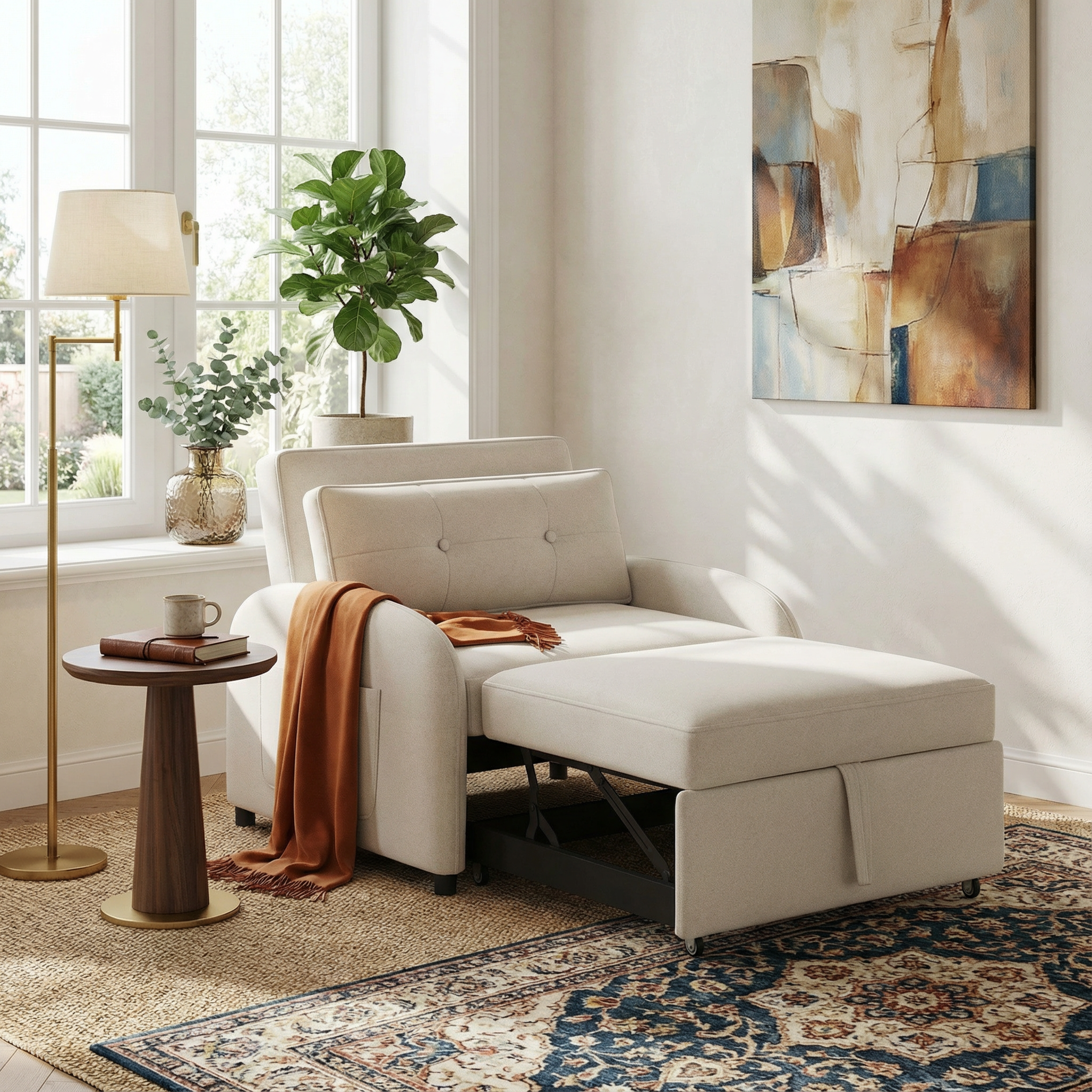 (Old SKU:N765P23314749W)3-in-1 Convertible Sleeper Sofa Bed with Pillow & Pocket, Loveseat Sleeper Chair in Soft Cotton Linen, for Living Room, Bedroom, Study, Apartment, Beige