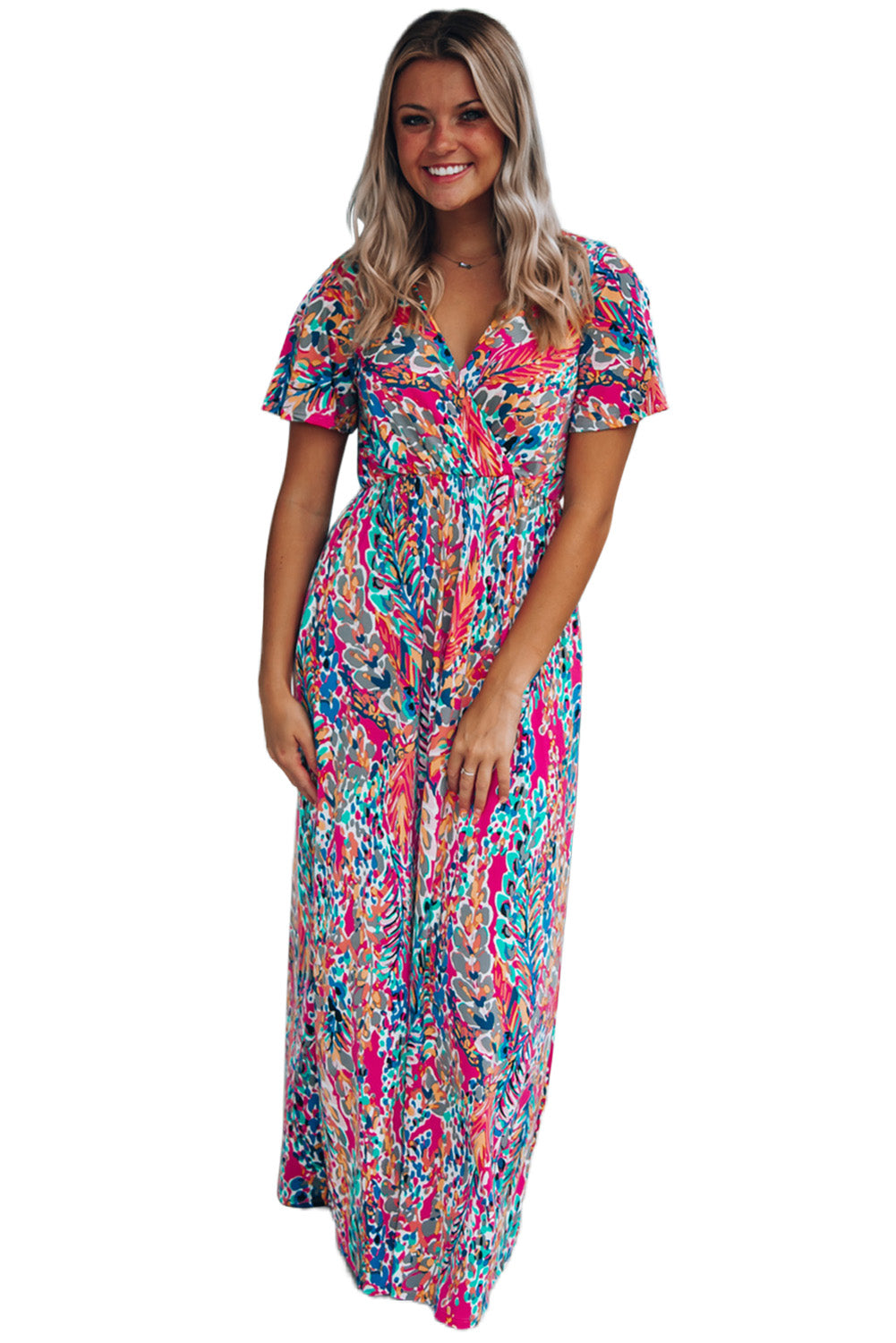 Wholesale Rose Boho Abstract Print V Neck Short Sleeve Maxi Wrap Dress - Eloy Royal