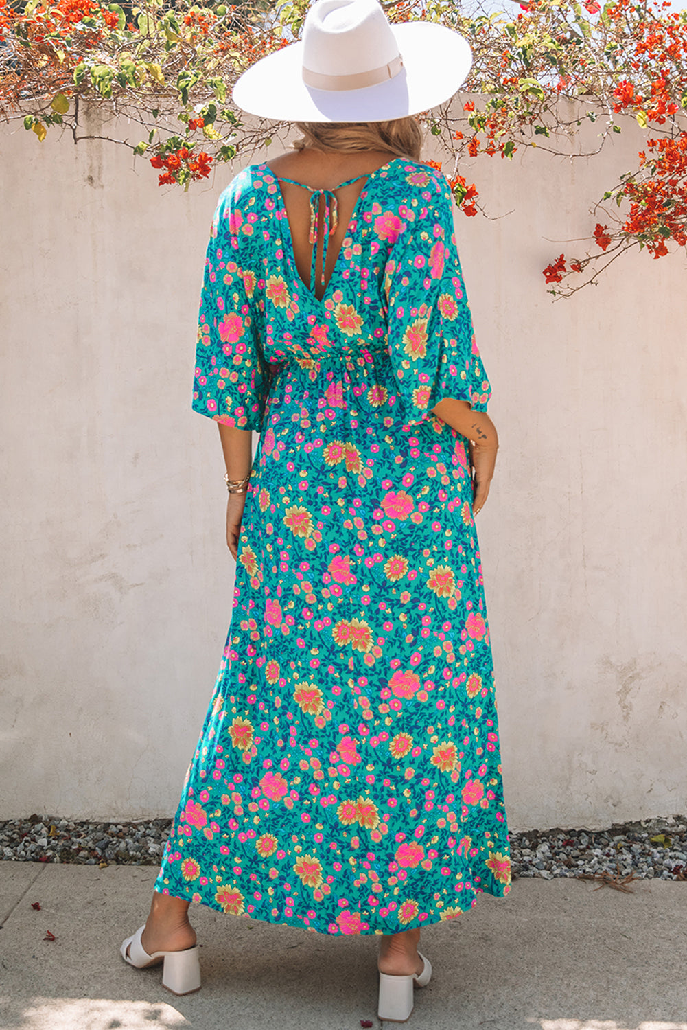 Floral Print Deep V Neck Flutter Sleeve Boho Maxi Dress - Eloy Royal