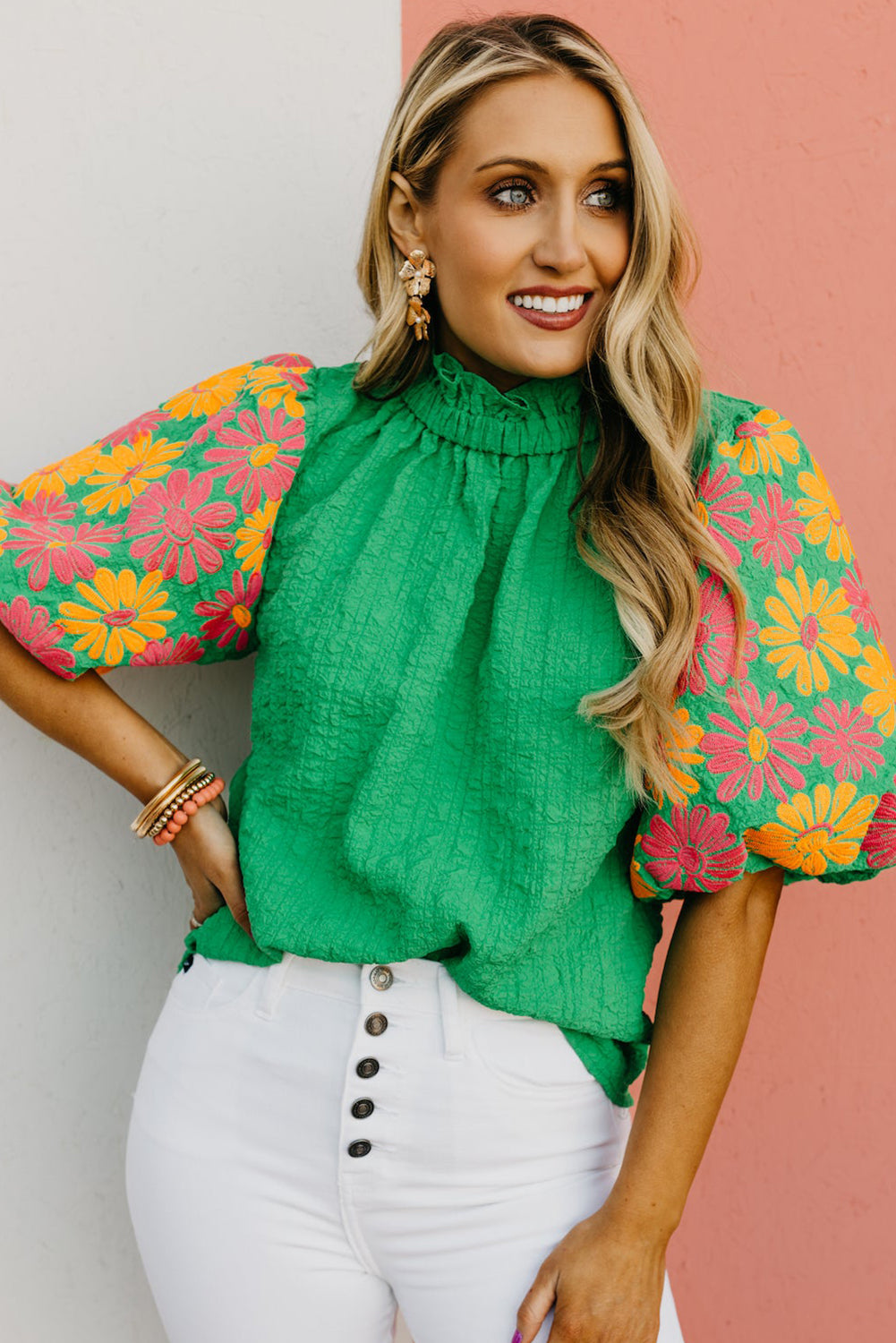 Bright Green Floral Print Puff Sleeve Button Back Fill Neck Blouse - Eloy Royal