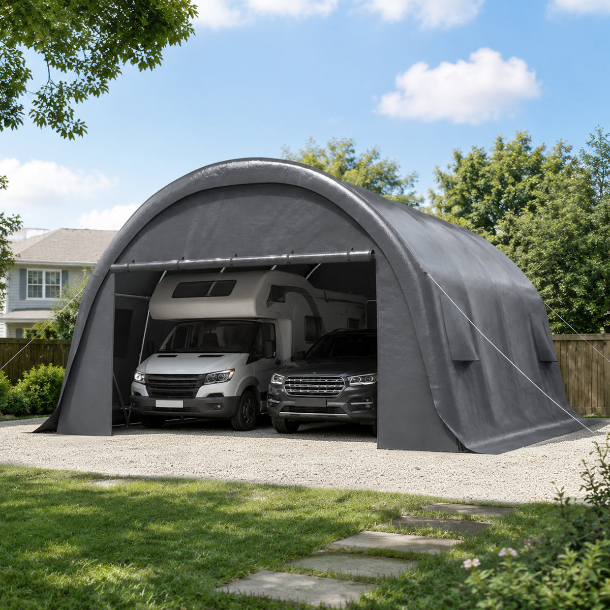 20x20 FT Arched Carport, Heavy Duty Outdoor Garage with Galvanized Steel Frame & 200G PE Tarp, Waterproof & UV Resistant – For Car, SUV, Truck, Boat, Party, Storage