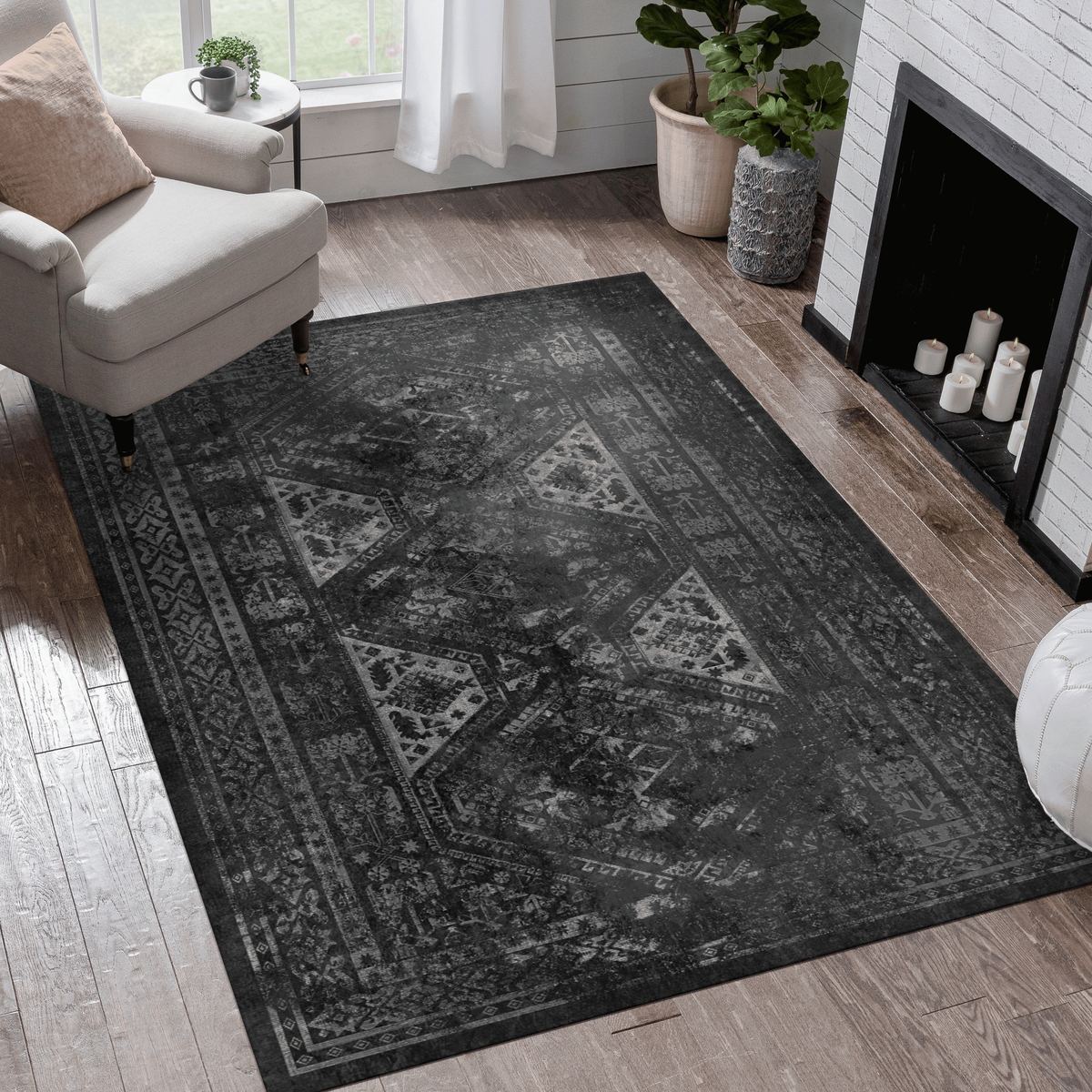 Blenheim Washable Low-Pile Area Rug, Black and Grey, 9 x 12 ft