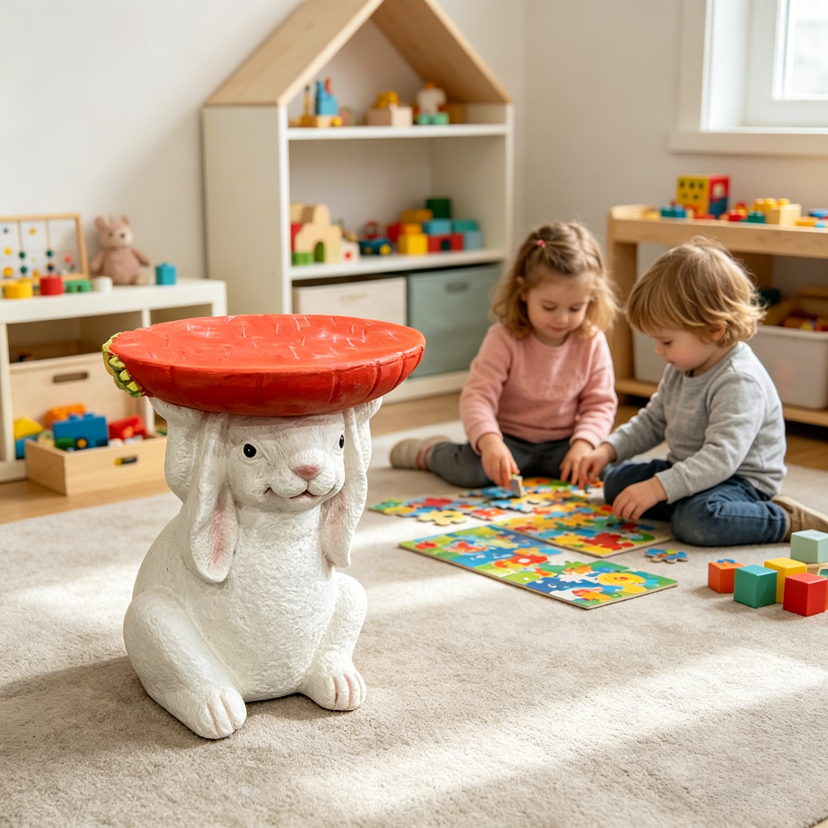 13.39' H x 11.61' W Resin Bunny Side Table with Carrot Top, Cute Rabbit Plant Stand for Indoor & Outdoor Garden Decor