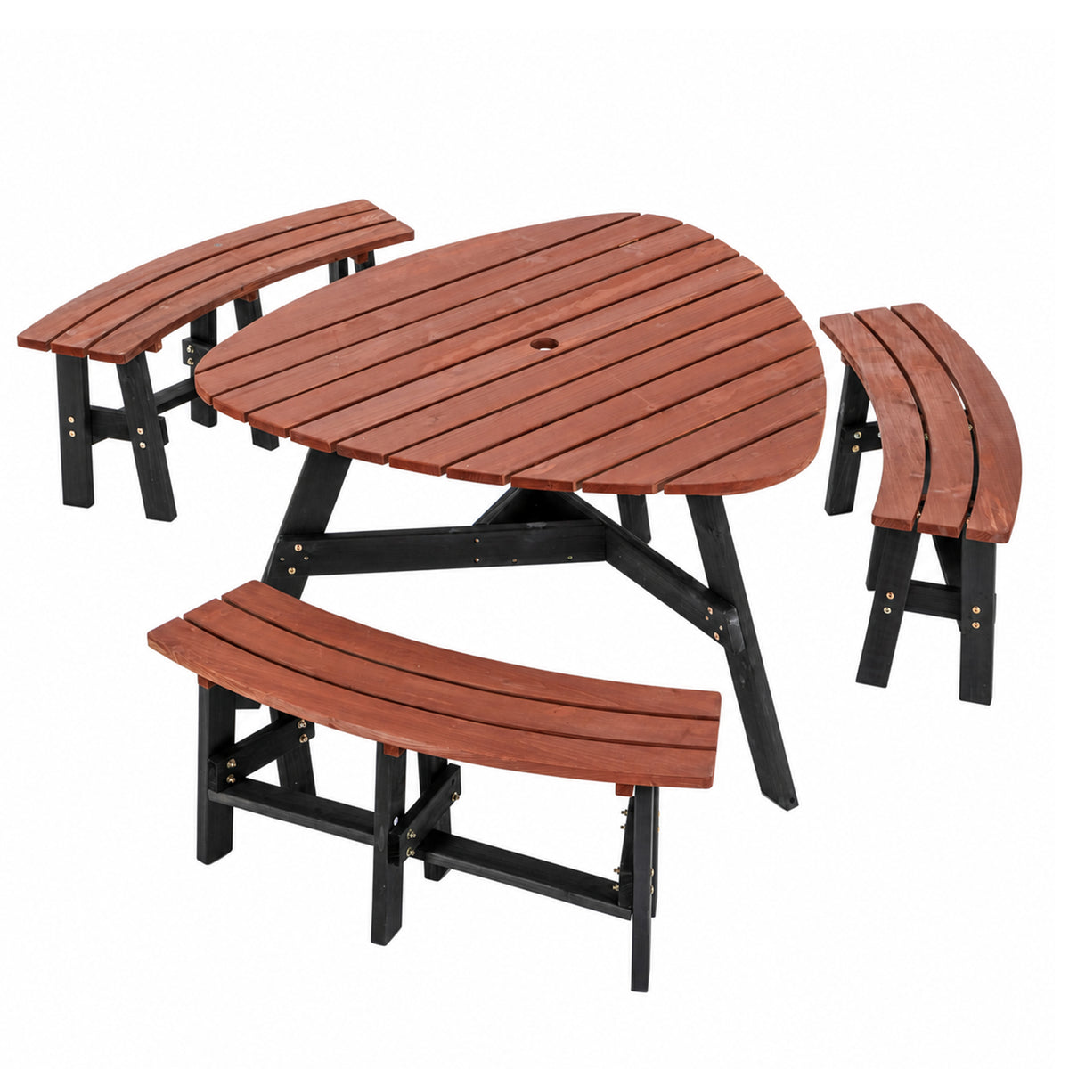 6-Person Semi-Circular Outdoor Solid Fir Wood Picnic Table Set, Rustic Brown Tabletop with Black Legs, Patio Backyard Garden Wooden Dining Table with 3 Attached Built-in Benches & Central Umbrella Hol