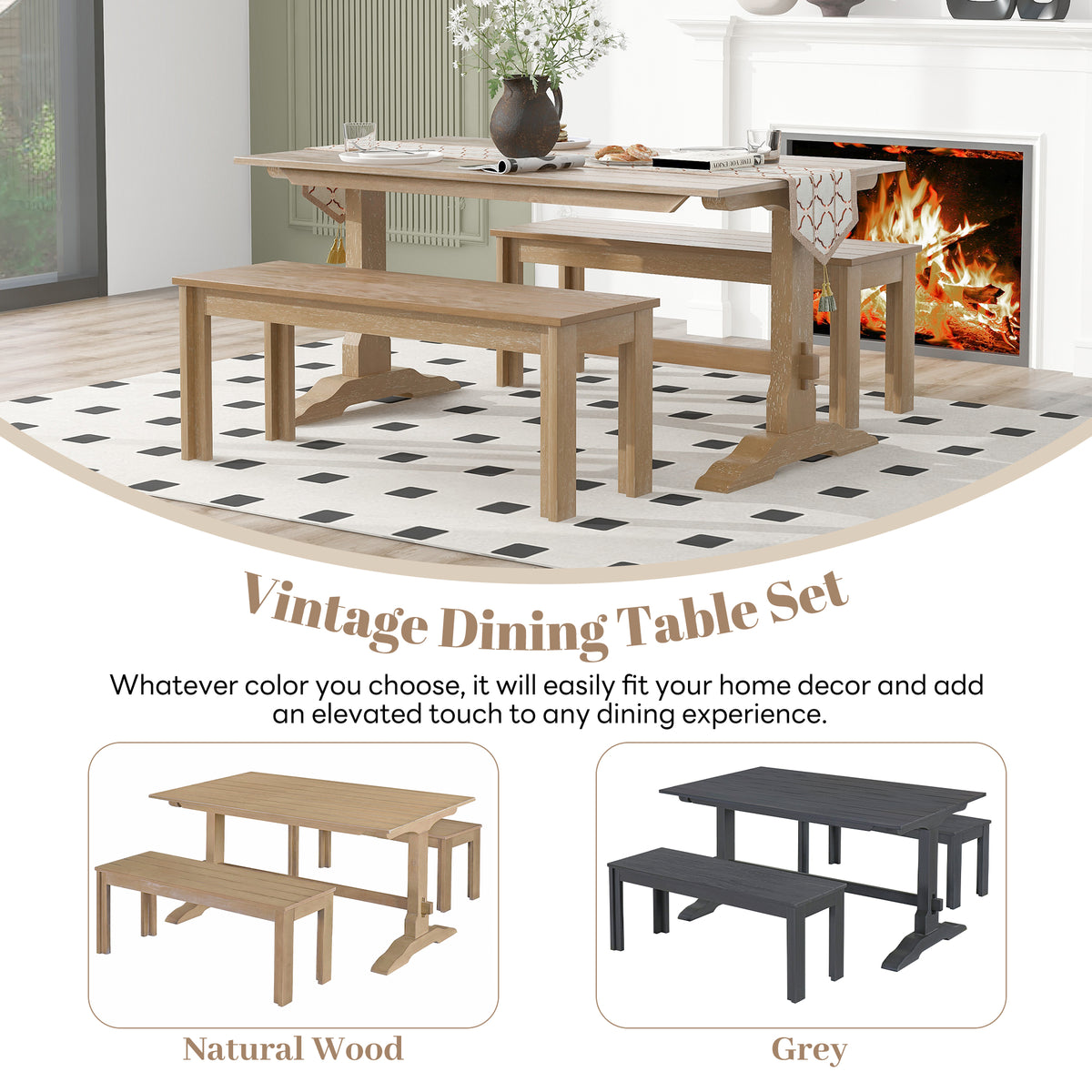 Tiberio 3-Piece Trestle Dining Set with 2 Benches, Natural Wood