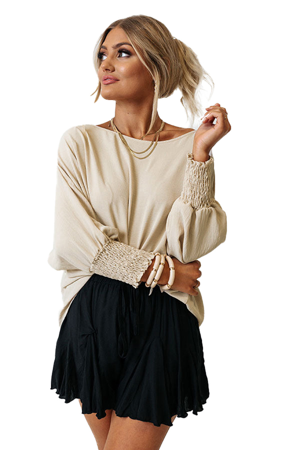 White Plain & Casual Shirred Cuffs Half Sleeve Top - Eloy Royal