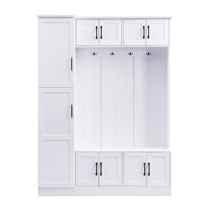 VIBE HAUS 79'' Tall Modern Hall Tree with Shoe Storage, 4-in-1 Entryway Bench with 6 Cabinets, 4 Coat Hooks & Adjustable Shelf for Hallway, living room, White